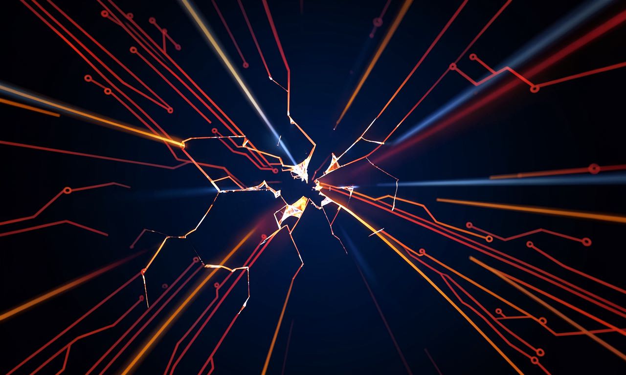 Abstract representation of a service outage — fractured light beams on a dark gradient background