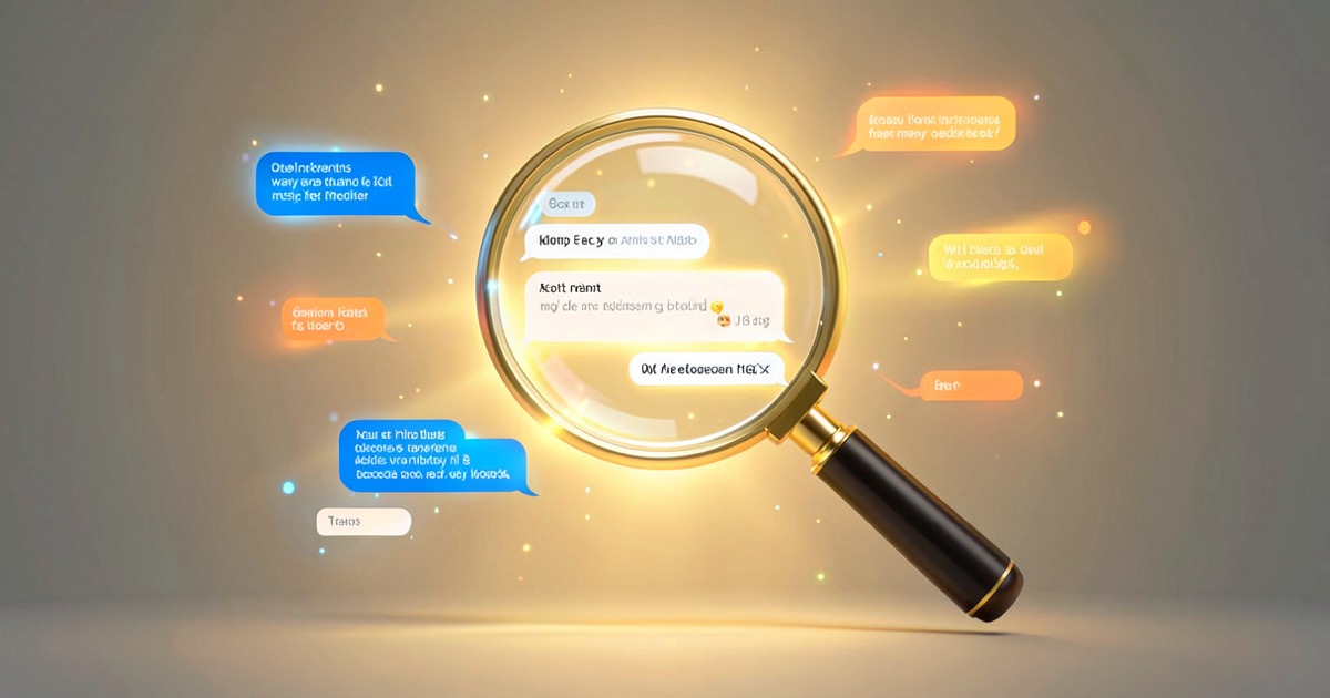 A bright search engine interface showing chat conversation snippets visible in search results, with a magnifying glass hovering over the text.