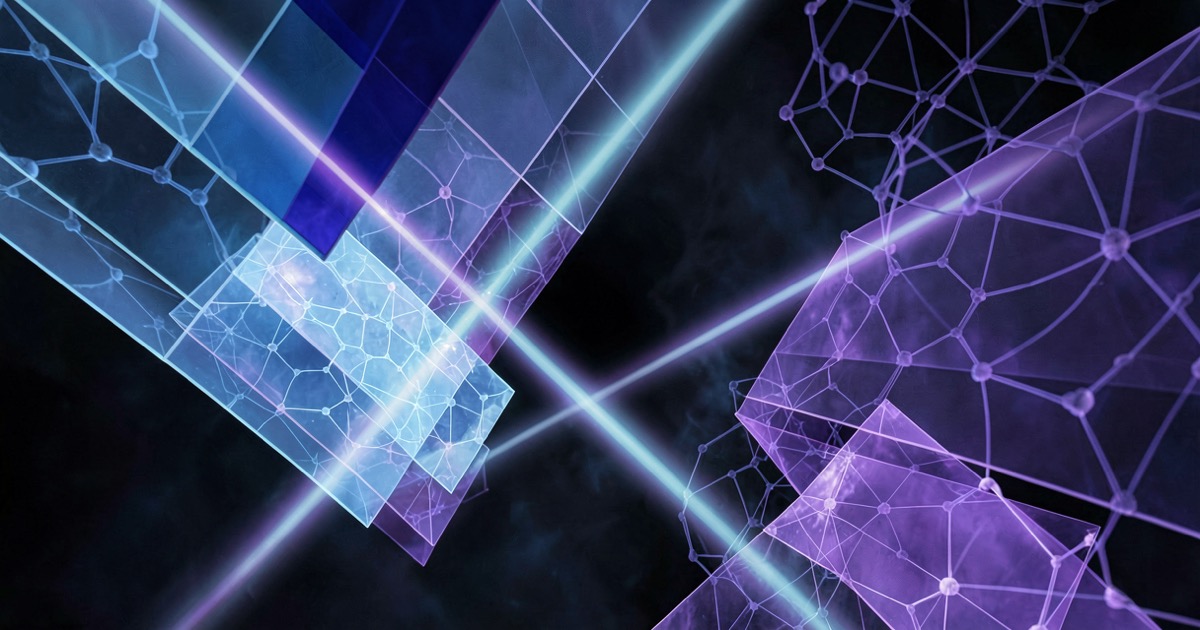 Abstract composition of translucent geometric shapes in gradient blues and purples suggesting neural network layers and molecular structures