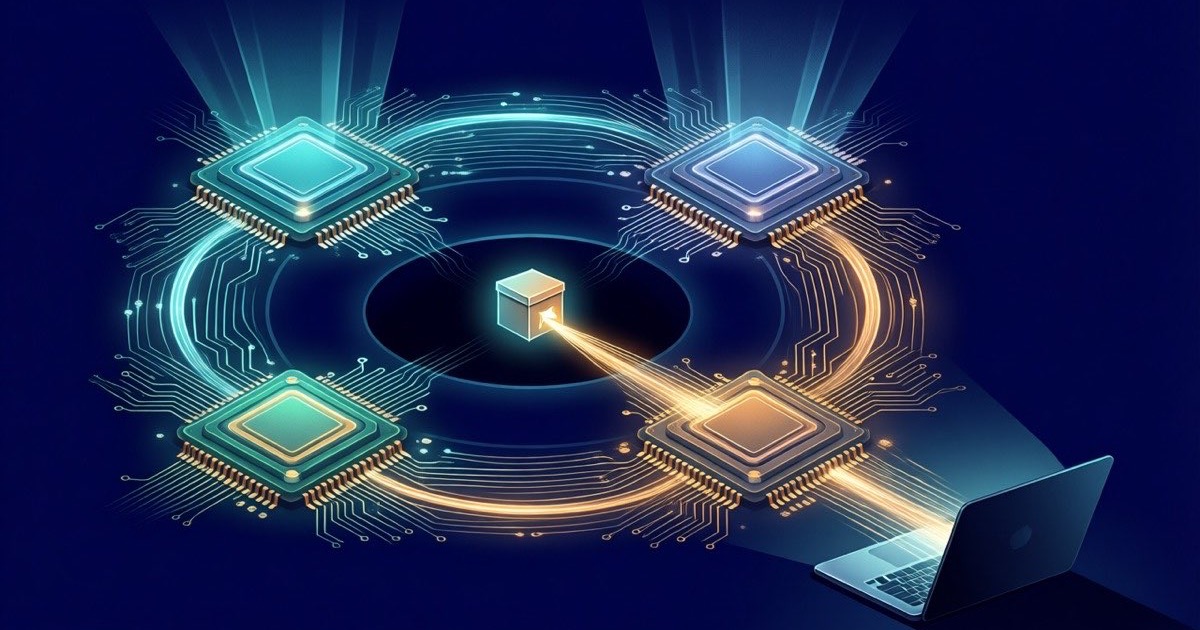 Four glowing circuit-board cores arranged in a ring around a dark central chamber, amber ballots of light passing between them, one ballot slipping out toward a shadowed laptop, deep navy background with cold teal highlights