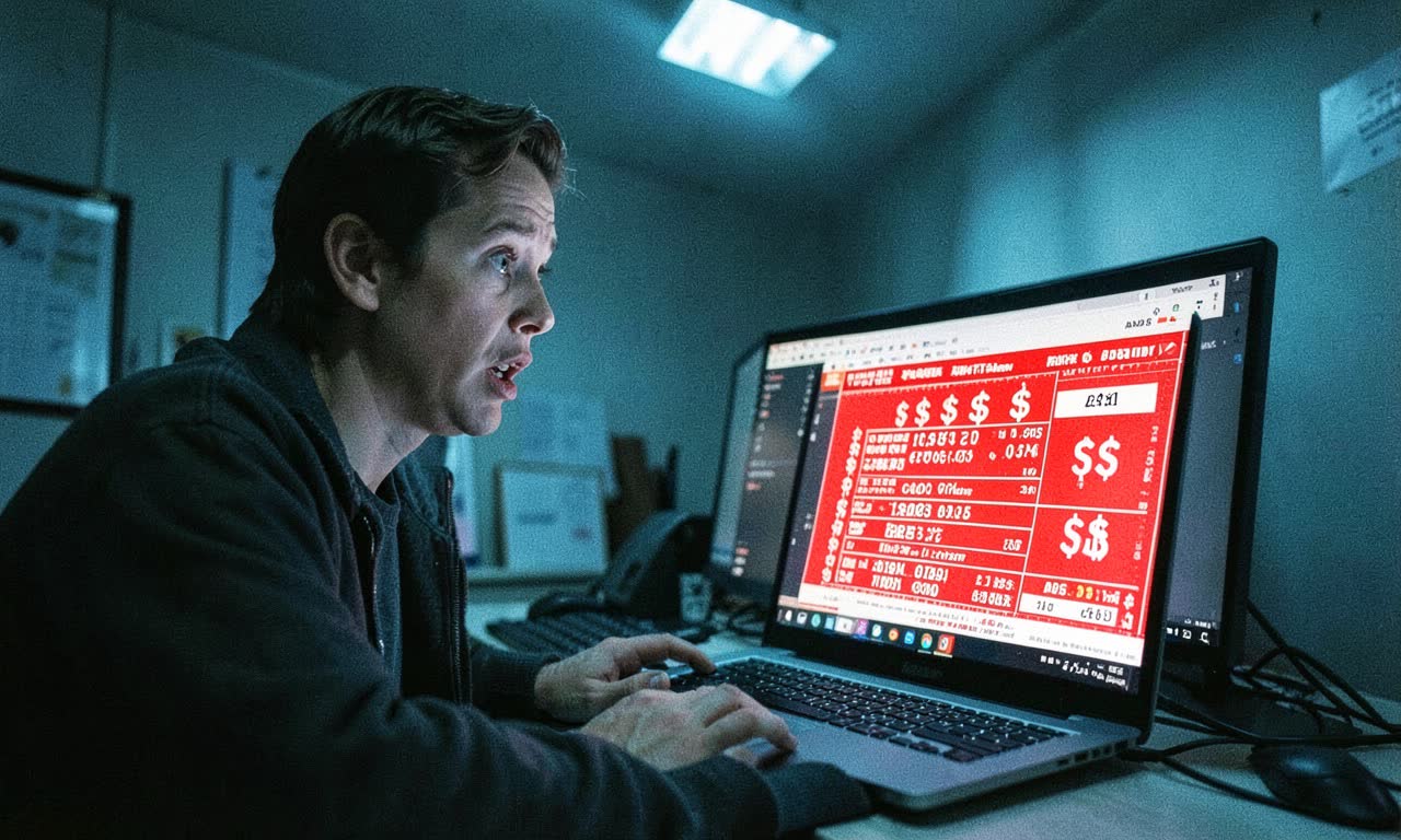 Person staring at laptop showing a massive cloud billing invoice, cold blue lighting, shocked expression