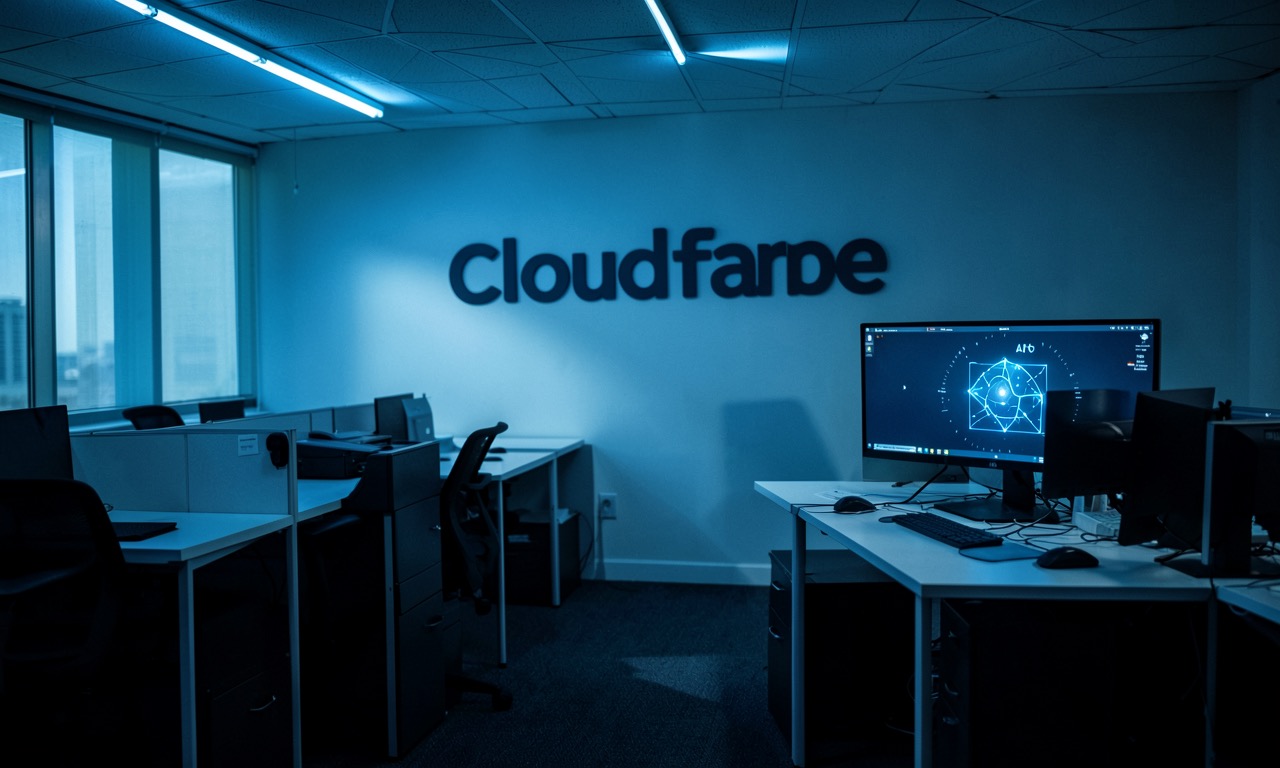 A corporate office with empty desks, a Cloudflare logo on the wall partly obscured by shadows, dramatic lighting
