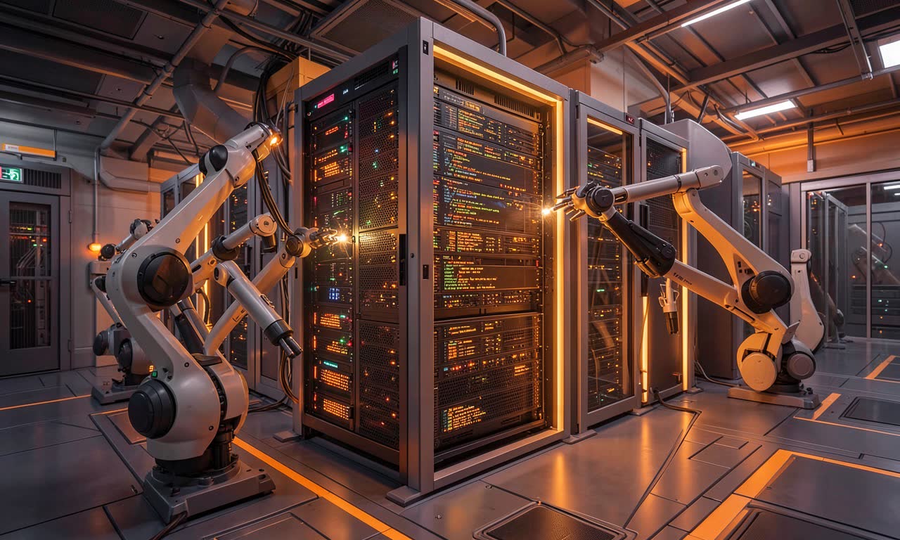 A glowing server rack with autonomous robotic arms deploying code, orange and grey colour scheme