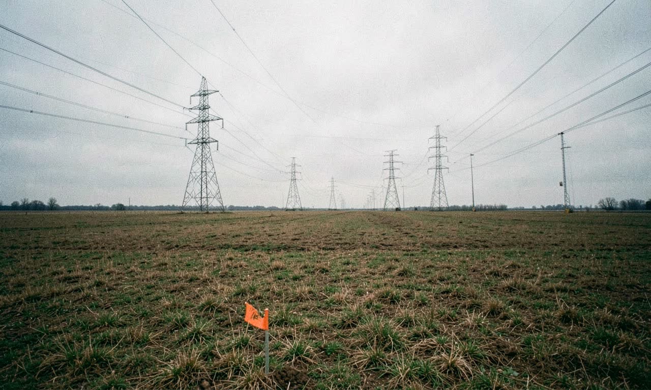 A vast empty field with power transmission towers in the distance, overcast sky, documentary style photography