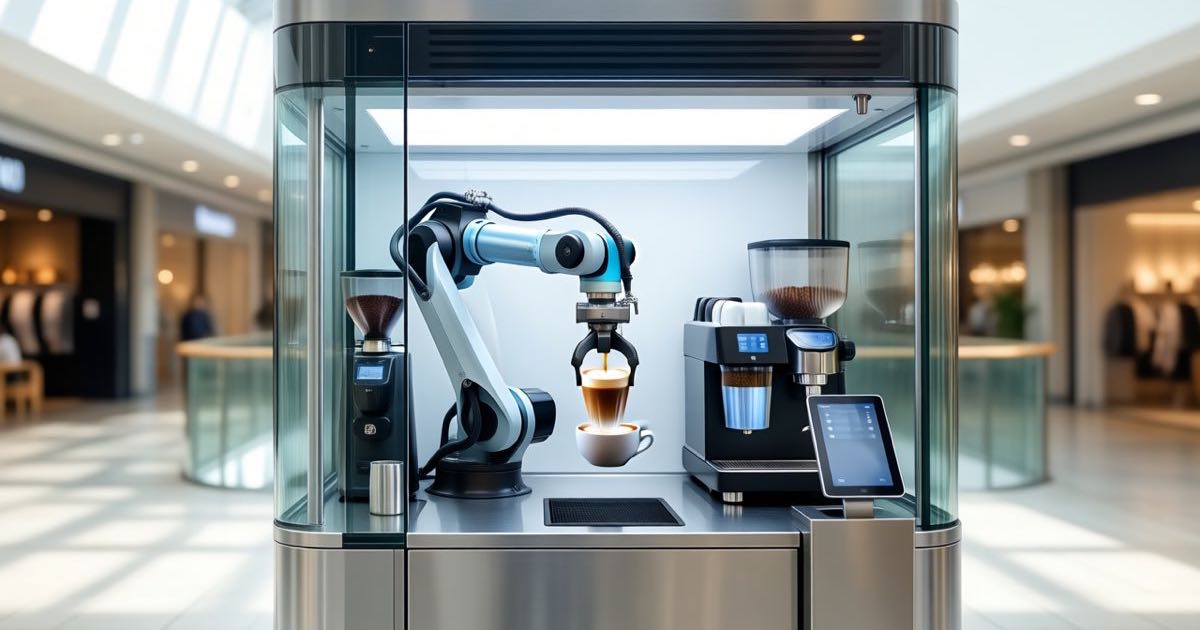 A six-axis robotic arm inside a glass-fronted robotic café kiosk preparing a coffee, with espresso equipment visible in the compact automated cabinet.