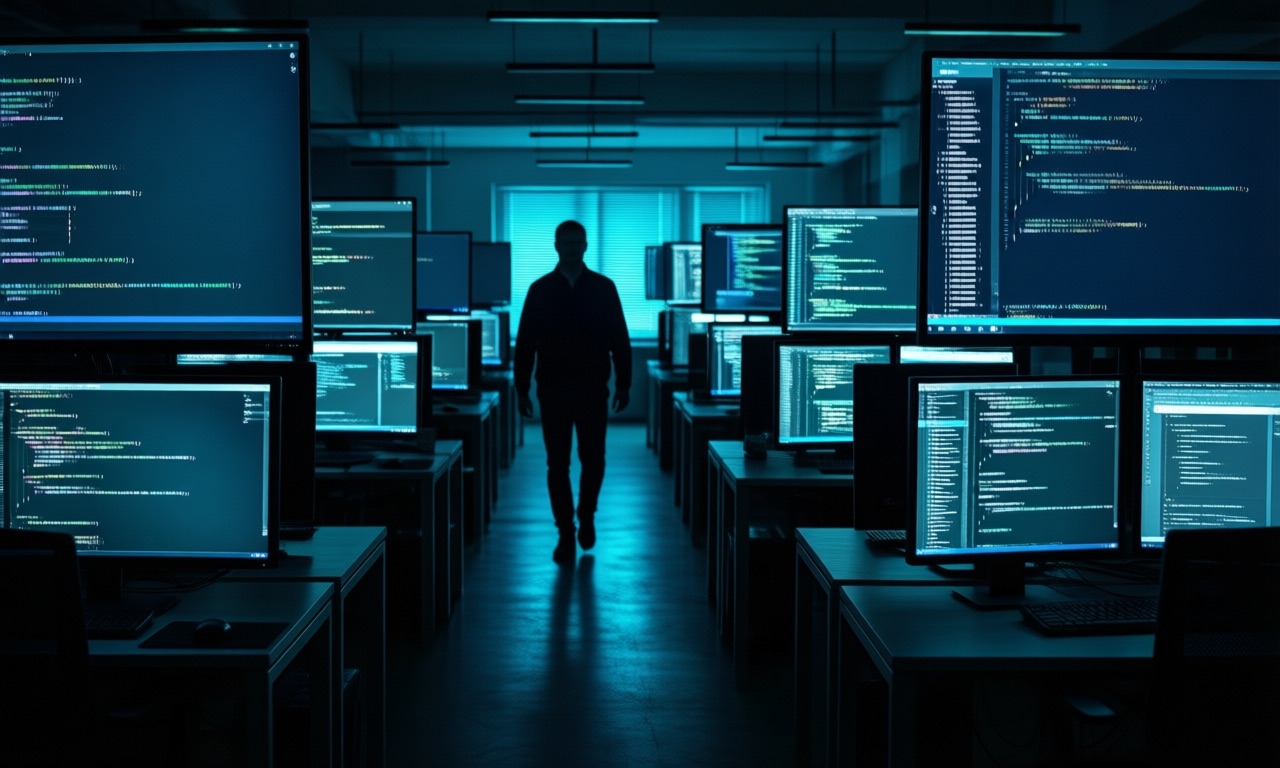A dimly lit open-plan software office at night with rows of monitors showing code, a silhouetted engineer walking between desks, blue-cyan screen glow