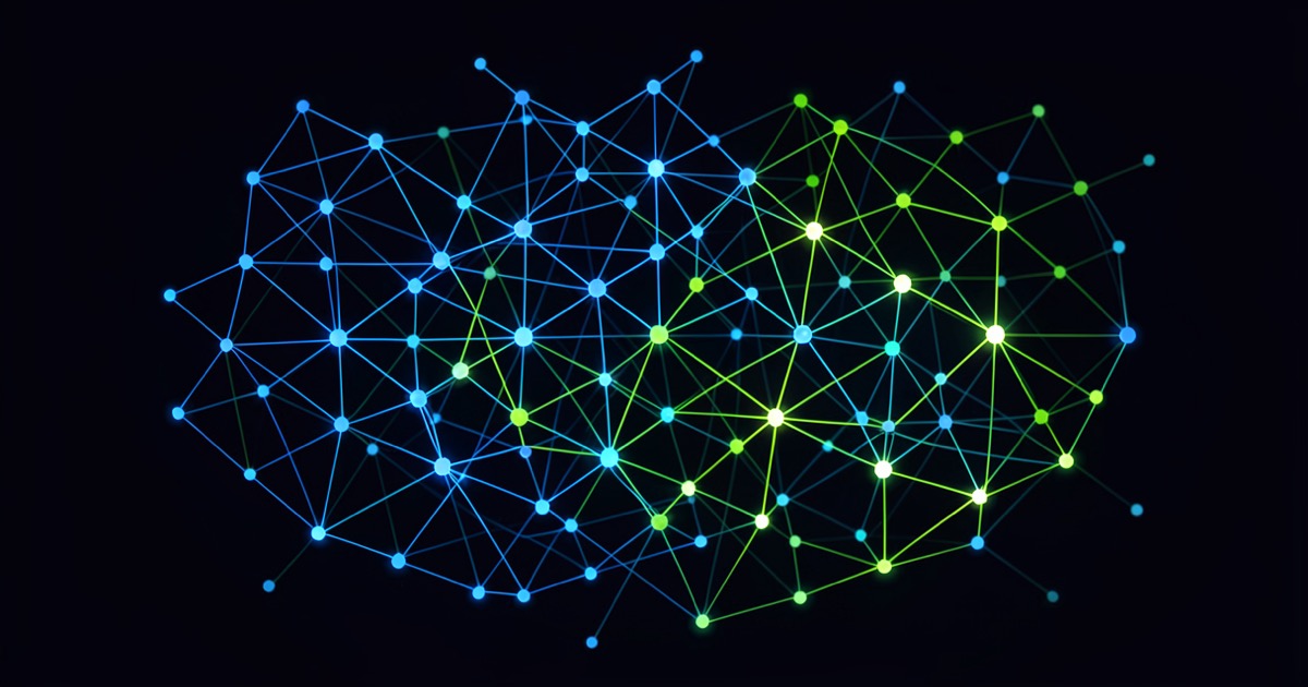 Abstract geometric pattern of interconnected code nodes in blue and green on a dark background, representing reinforcement learning training.