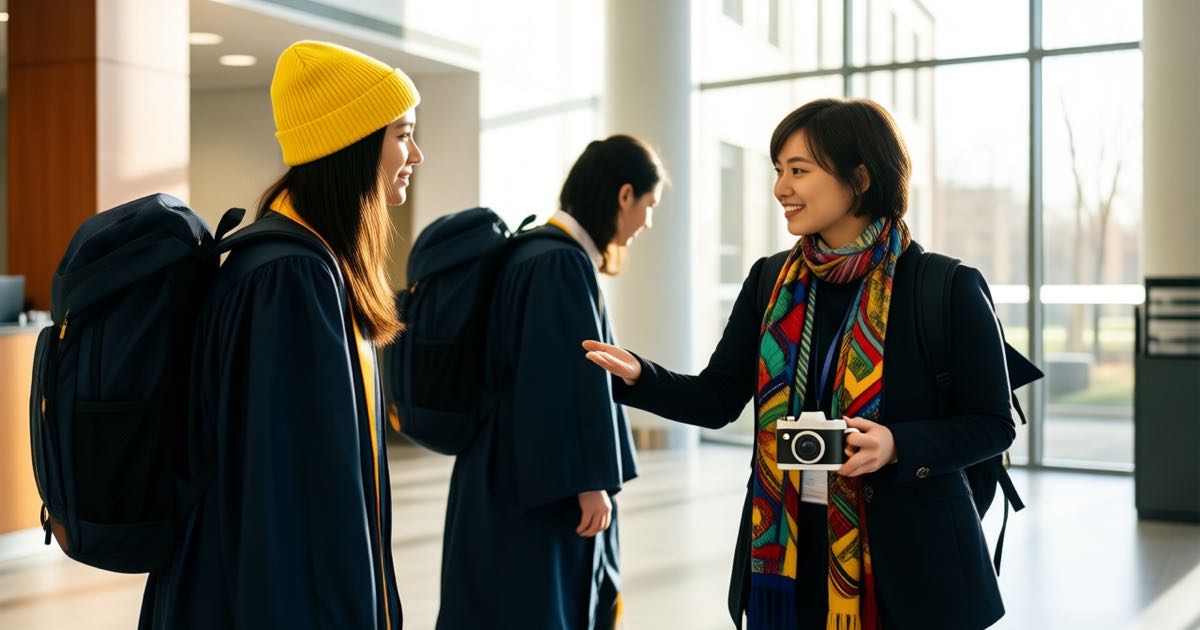 University graduates with backpacks arriving at a bright corporate office lobby, greeted by a recruiter wearing a colourful scarf, warm morning light, documentary editorial photography