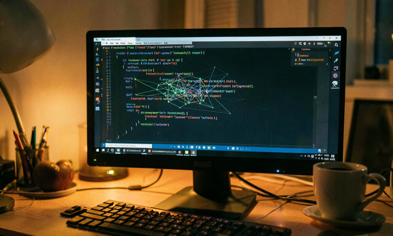 Open source code on a screen with AI neural network visualization, warm lighting, developer workspace