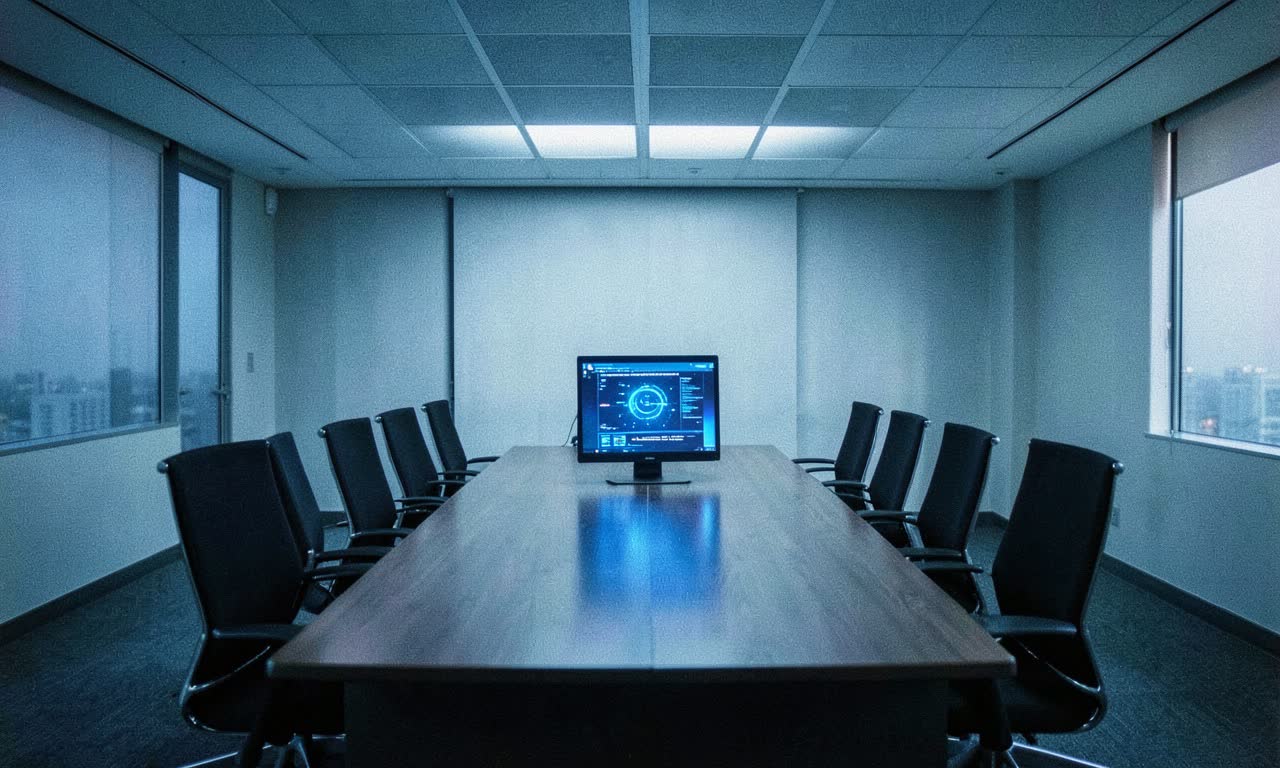 Empty corporate boardroom with a single AI terminal glowing on the table, cold blue lighting, cinematic