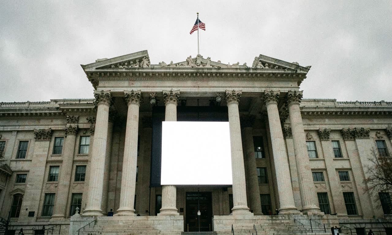 A government building facade with a large digital display showing text being erased line by line, muted colors, documentary style, overhead shot