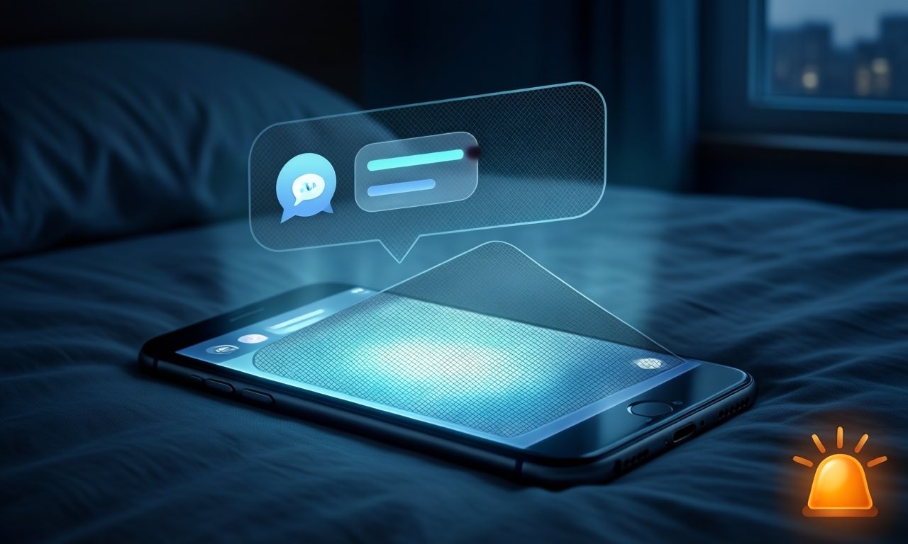 A lone glowing smartphone on a dark bedside desk at night, chat bubbles floating above the screen behind a semi-transparent protective mesh, with one small amber alert bell icon left unlit