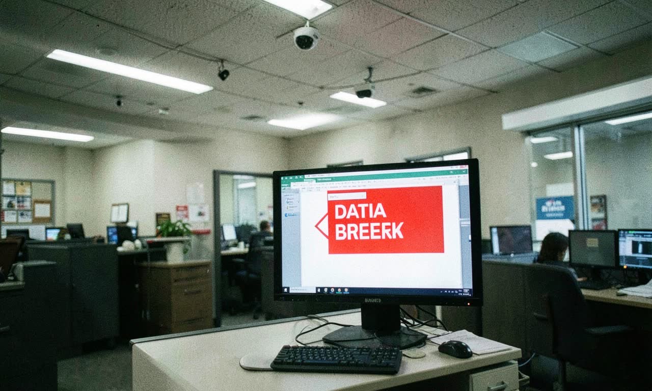 Bank lobby with computer screen showing data breach alert and security warning