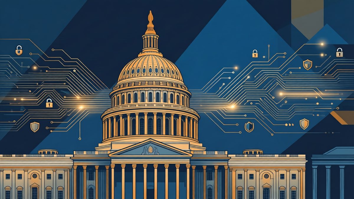 The US Capitol dome rendered in flat editorial style, circuit traces and data lines weaving through the columns