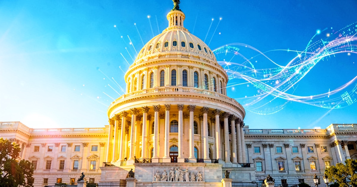 The US Capitol building in Washington DC with a glowing AI interface overlay