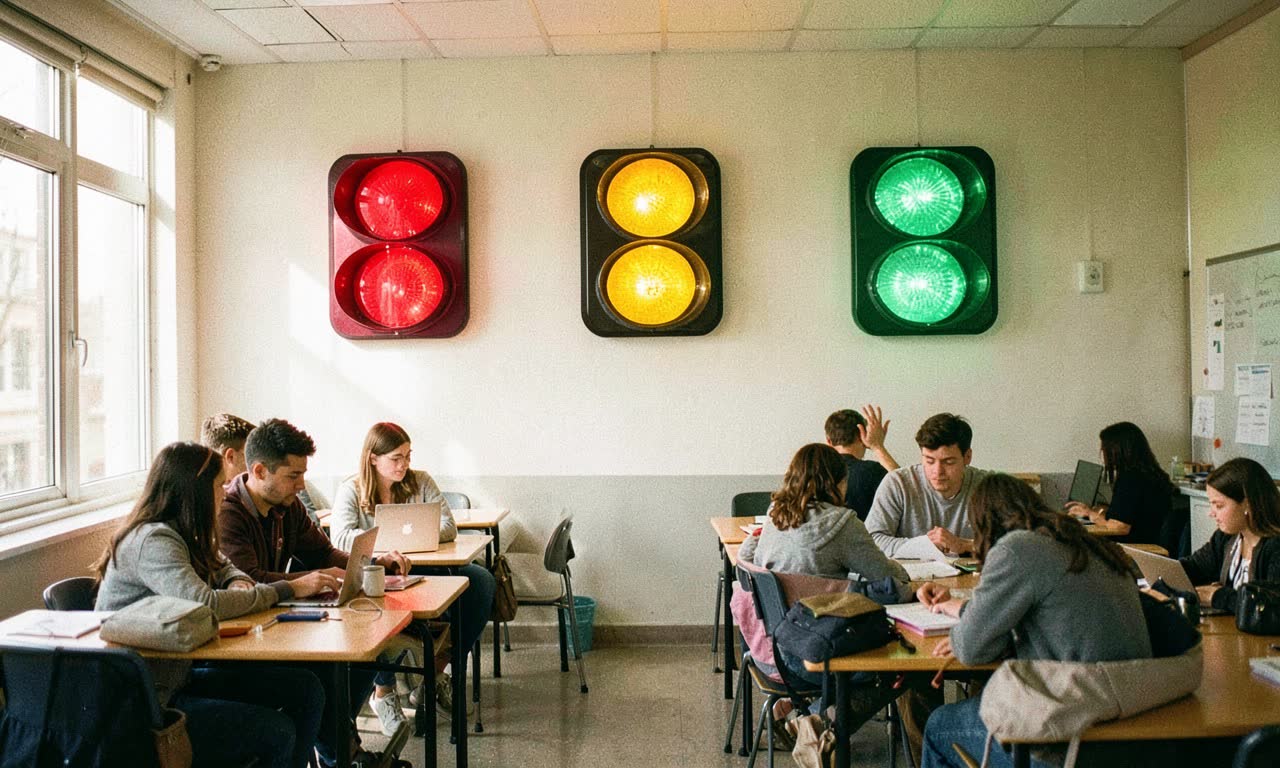 NZ high school classroom whiteboard with red yellow green AI zone cards, diverse students, natural lighting
