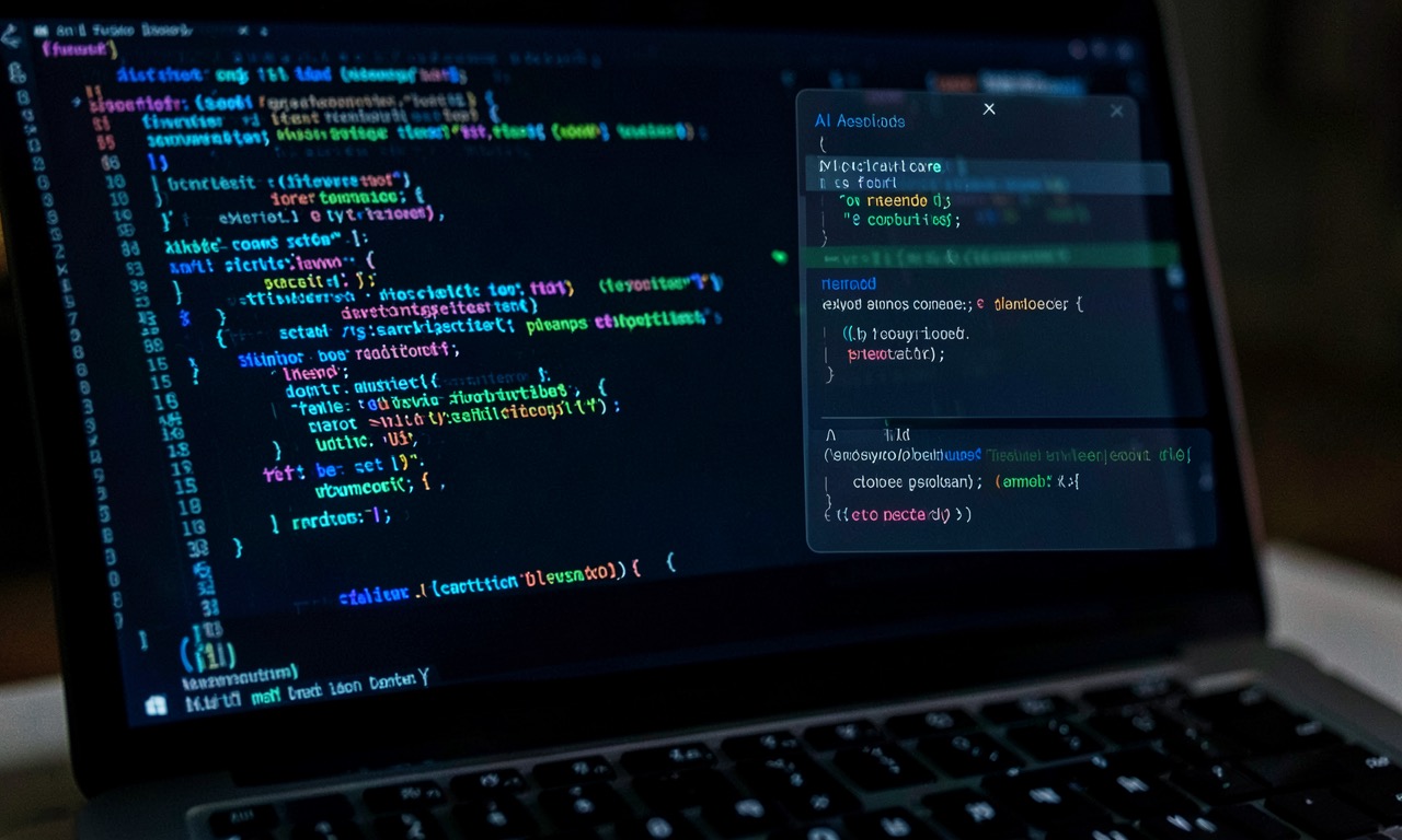 Abstract representation of AI coding assistant interface with glowing code on dark screen