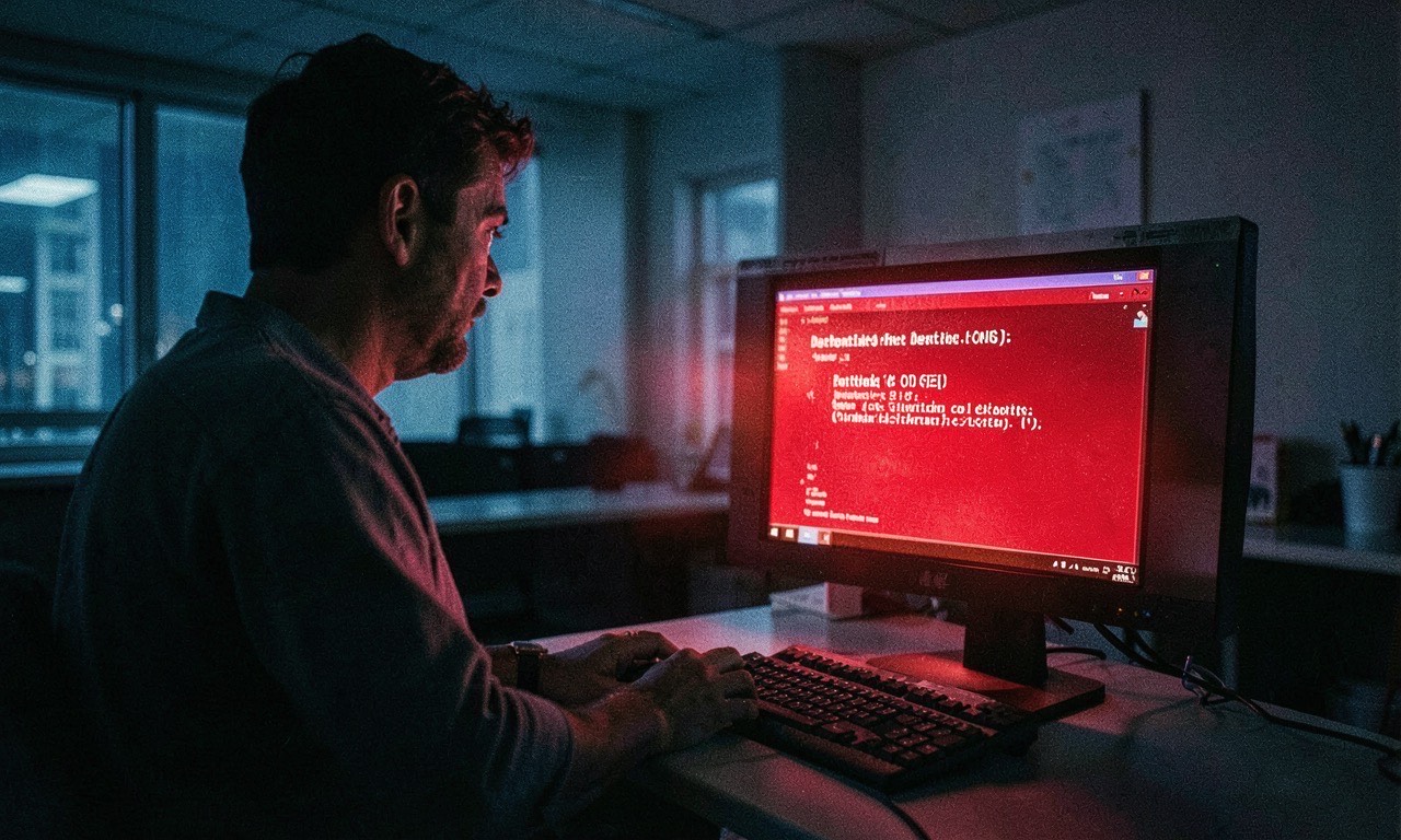 Developer staring at terminal showing database deletion error, dramatic red monitor glow in dark office