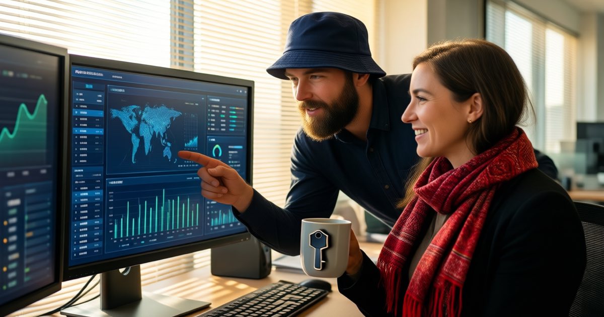 A security analyst in a bright Australasian office reviewing dashboards with two colleagues, one wearing a bucket hat at his desk, another with a mug shaped like a computer key, warm morning light, documentary editorial photography