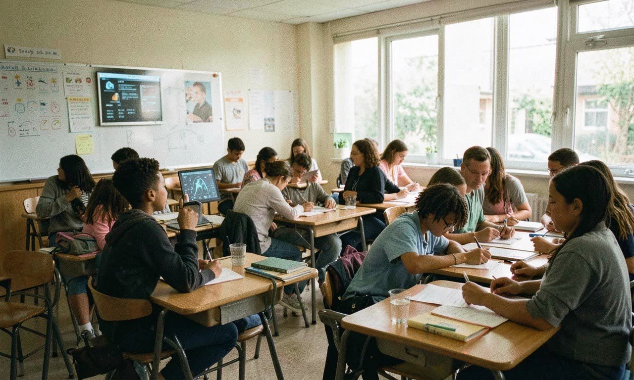 Classroom setting with teacher using AI interface while students work collaboratively