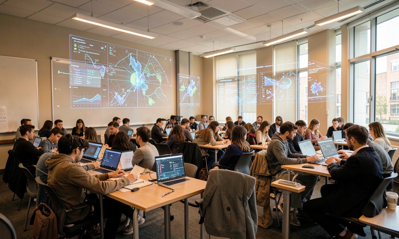 Modern university lecture hall with students using AI interfaces and holographic data visualizations
