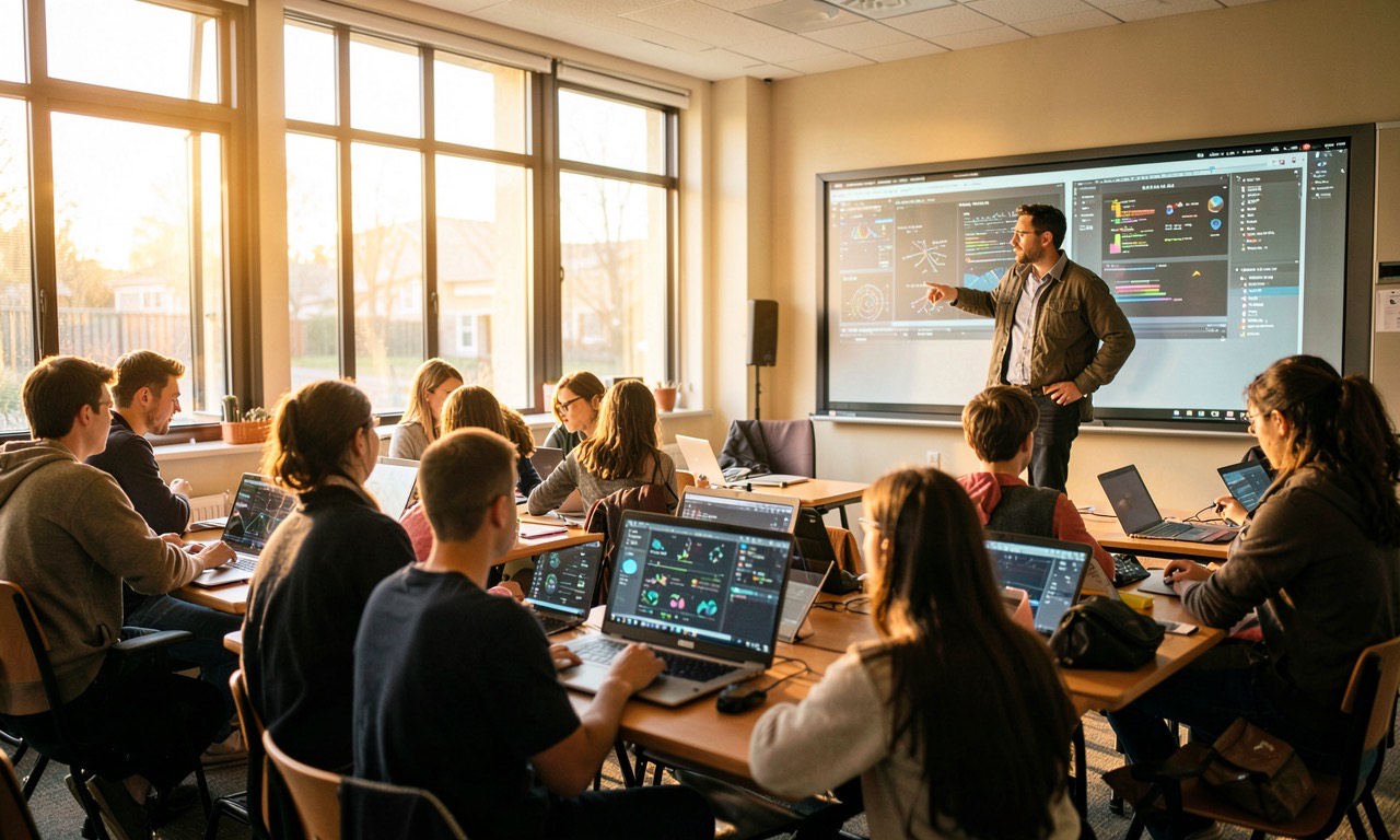 Modern classroom with students using laptops showing AI interfaces
