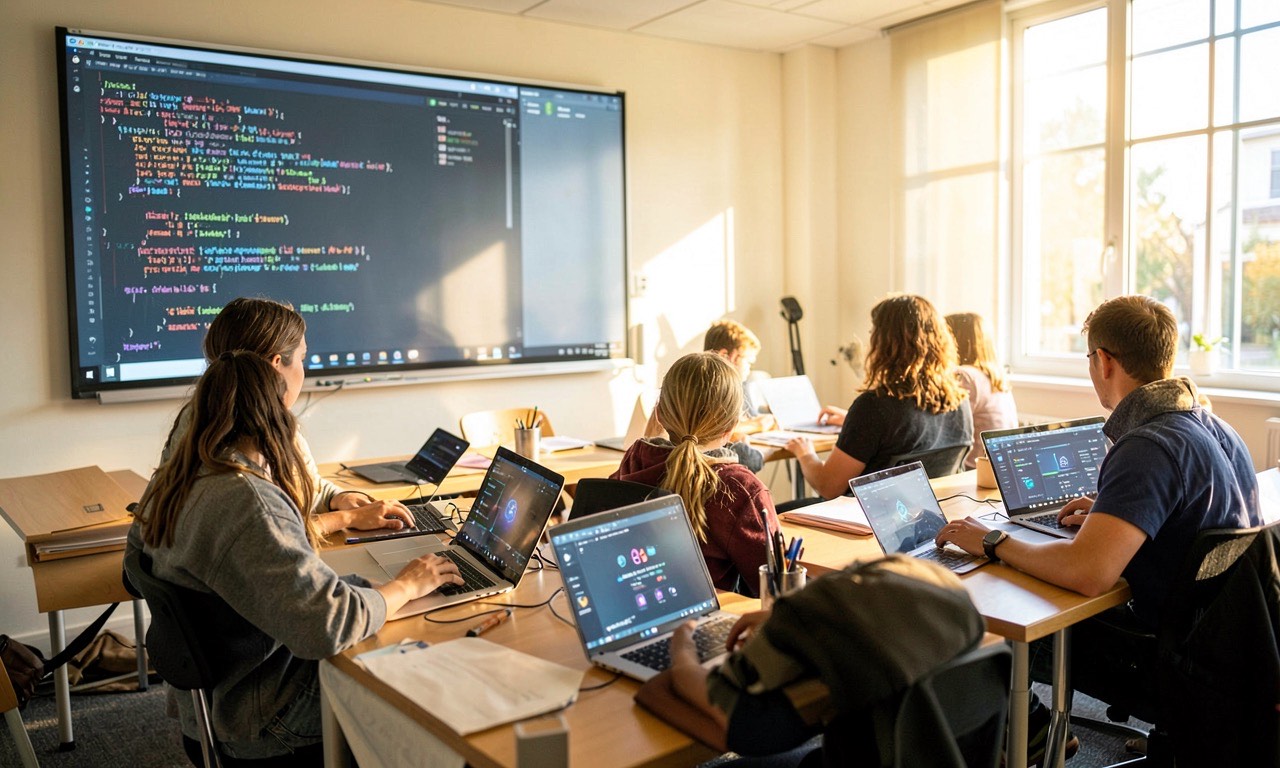 A classroom with a smart board showing code, students using laptops with AI assistants visible on screens, warm ambient lighting
