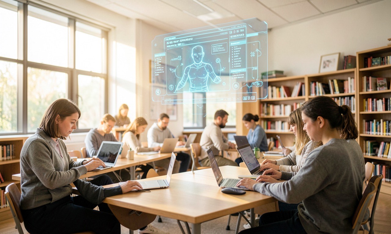 A classroom with students working on laptops alongside a holographic AI assistant, warm natural lighting, modern educational setting