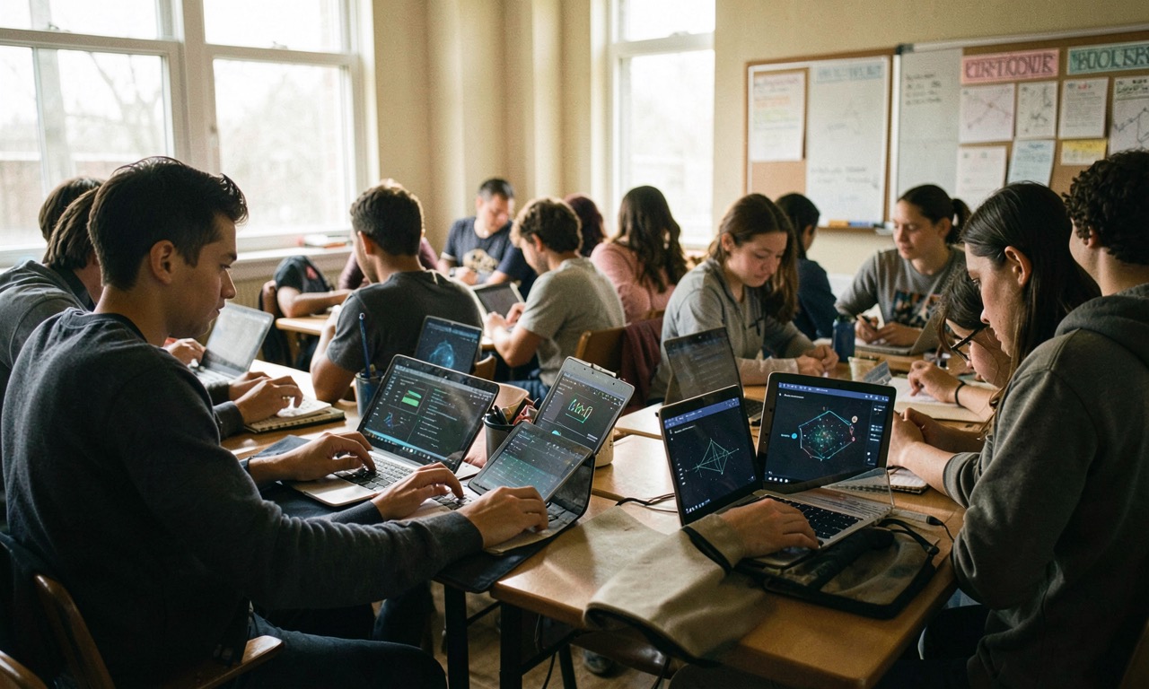 A diverse high school classroom with students working on laptops and tablets, some with AI interfaces visible on screens, warm natural light through classroom windows, documentary photography