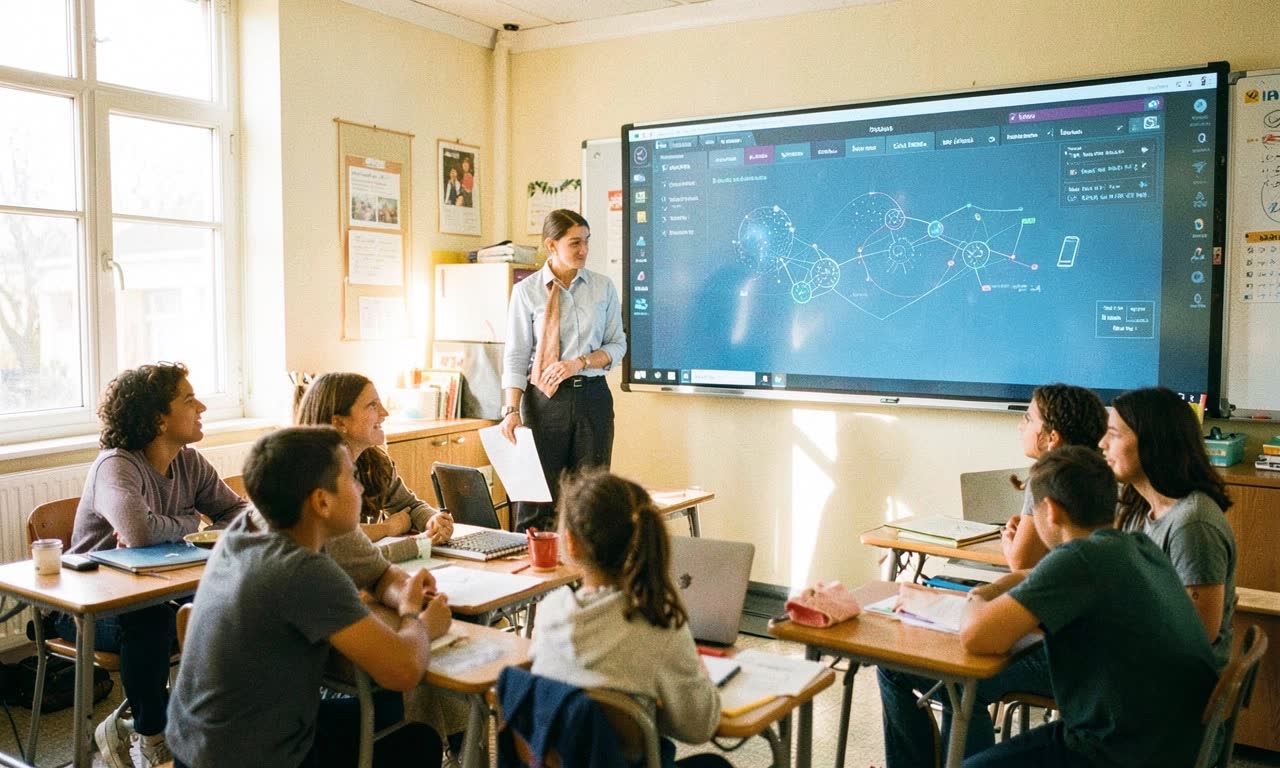 A classroom with a teacher standing next to an AI interface on a large screen, students looking curious, warm natural lighting, documentary photography