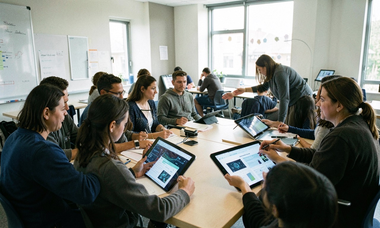 Classroom with students studying AI ethics case studies on tablets, teacher facilitating discussion
