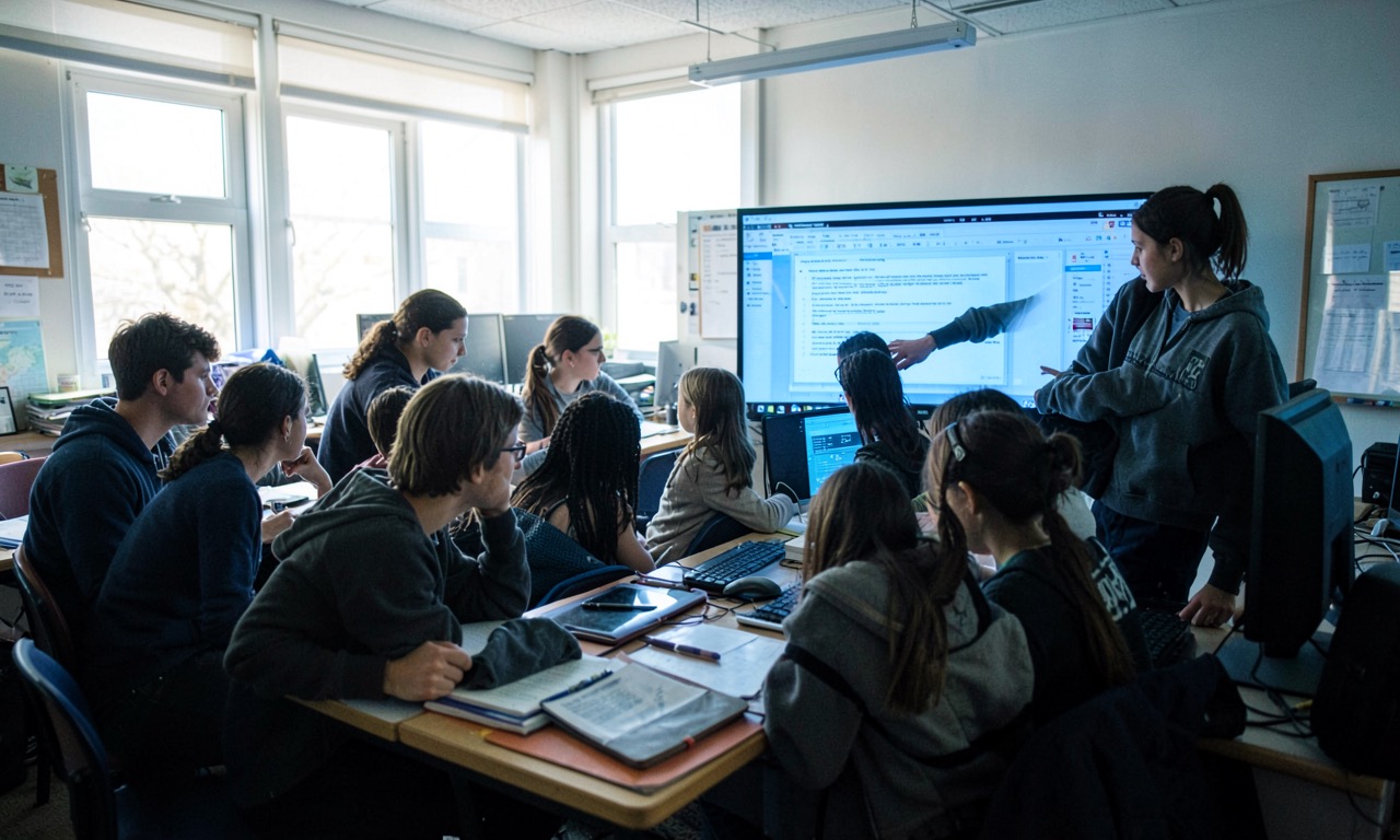 School computer lab with students gathered around a screen, a teacher pointing, mixed daylight and screen glow, candid classroom documentary style