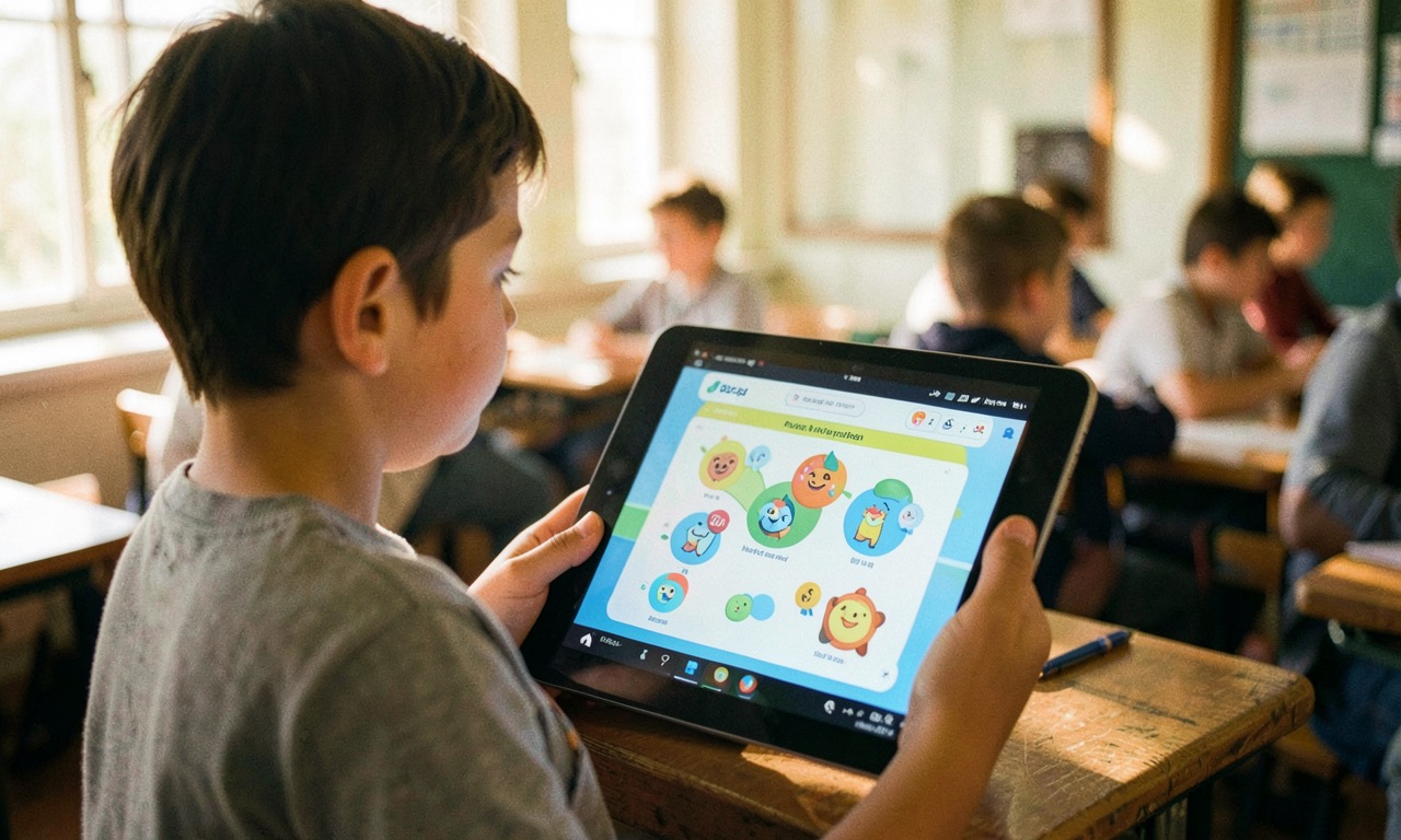 A student looking at a tablet with an AI tutoring interface, classroom background with other students, warm natural light