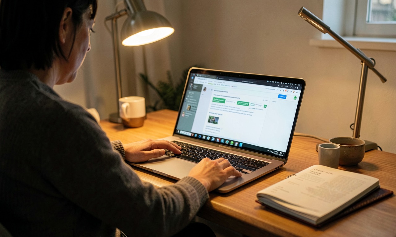 A person studying at a desk with a laptop open to an online course interface, a book and coffee beside them, warm ambient lighting from a desk lamp, comfortable study environment, photojournalistic style