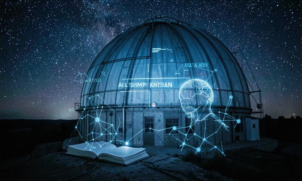 Observatory dome against night sky with digital overlay representing AI and cognition