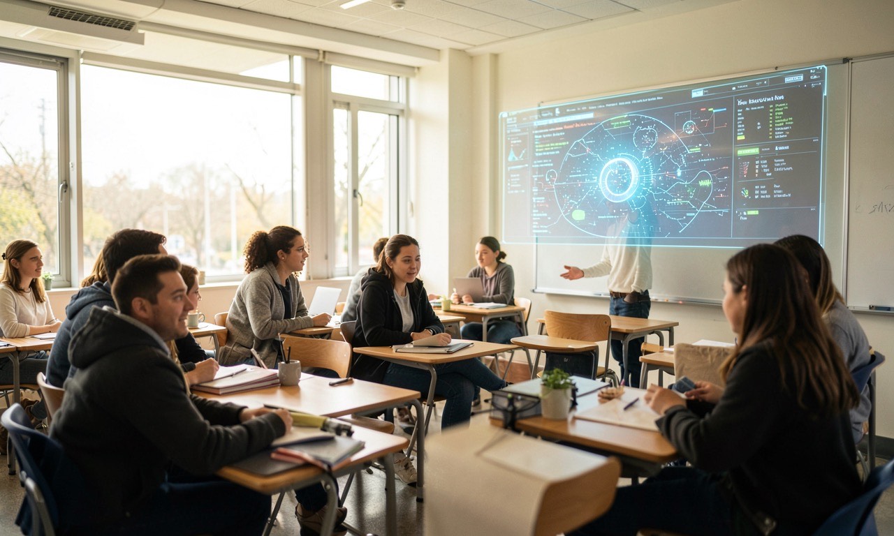 Students and teachers gathered around screens showing AI educational tools, bright classrooms mixed with digital overlays, documentary photography style