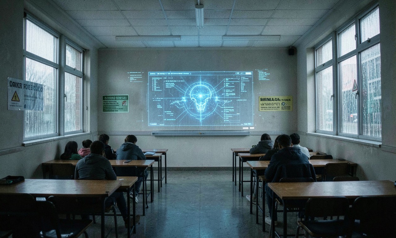 A classroom with students at desks, some using laptops, with a glowing digital overlay of warning symbols and AI icons, documentary style