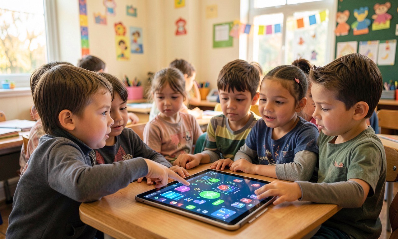 Children gathered around a tablet in a bright classroom, one pointing at AI interface on screen