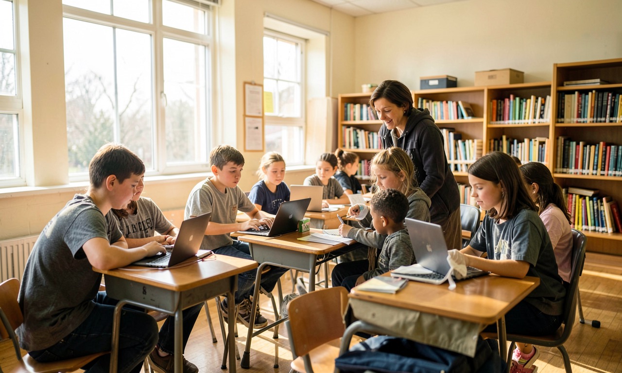Documentary photo: a classroom of students working on laptops with a teacher guiding them, natural light from windows, warm tones