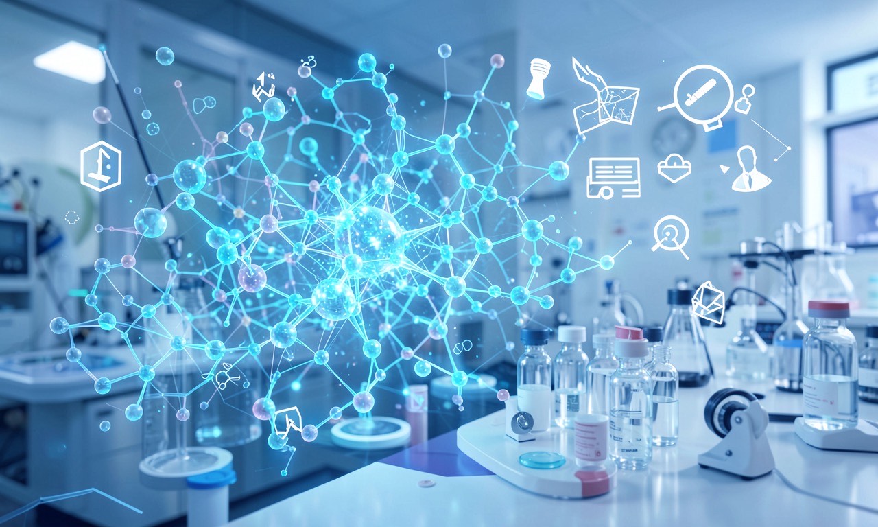 Abstract visualization of AI neural network blending with molecular structures, vaccine vials, and educational icons