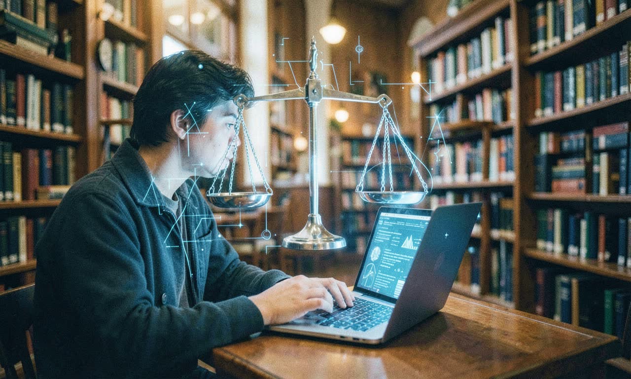 Student using laptop with legal scales overlay, representing AI education meeting regulatory compliance