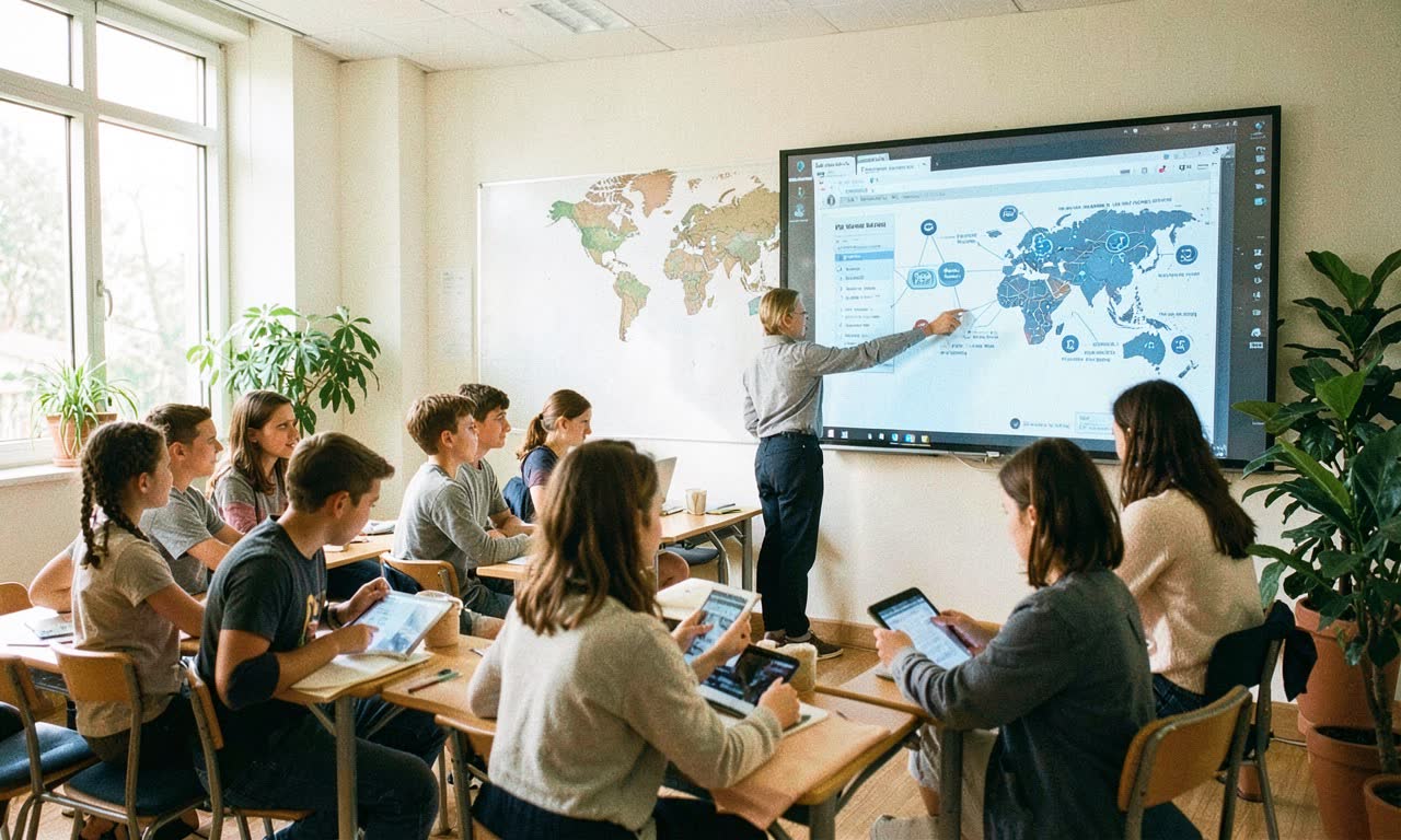 Students of different ages in a modern classroom, some using tablets and laptops, a world map on the wall, natural light, documentary educational photography style
