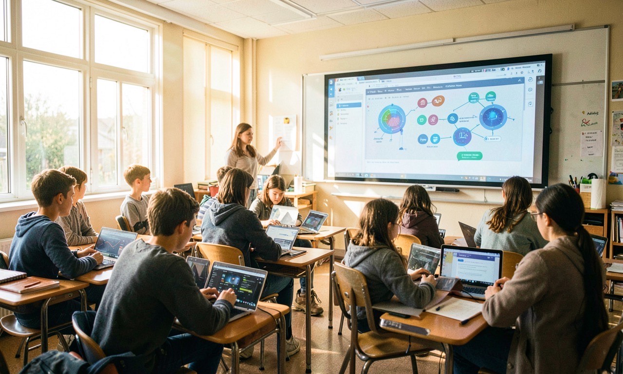 A classroom of students at desks using laptops, a large screen at the front showing an AI interface, natural daylight through windows, documentary photography style