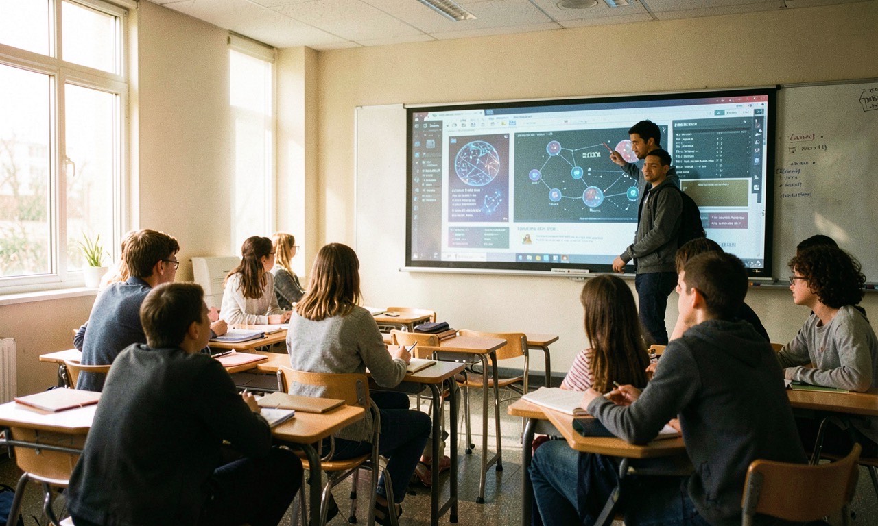 School classroom with teacher at smartboard showing AI interface, students with tablets
