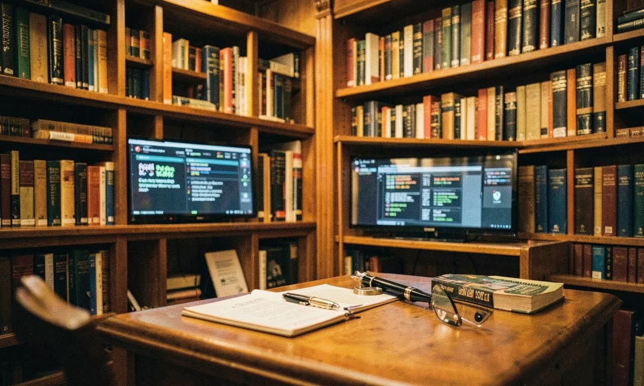 A university library with digital screens showing AI search results alongside books, a writer's pen, and a shield icon