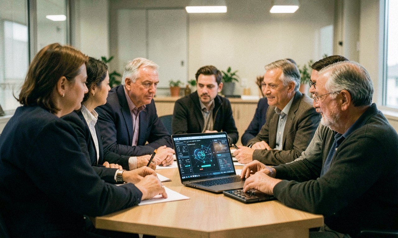 Diverse professionals collaborating around AI interface in modern office