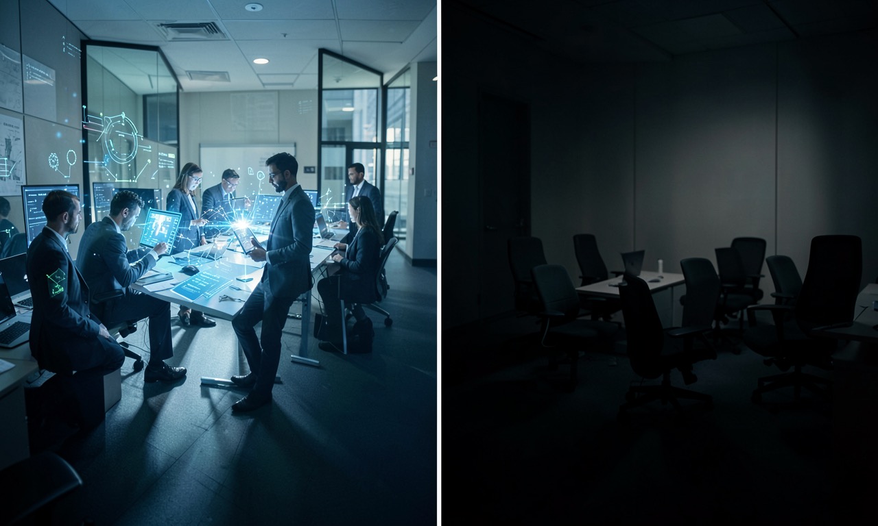 Career crossroads with two paths — one with AI-literate workers thriving, the other with empty chairs fading into darkness
