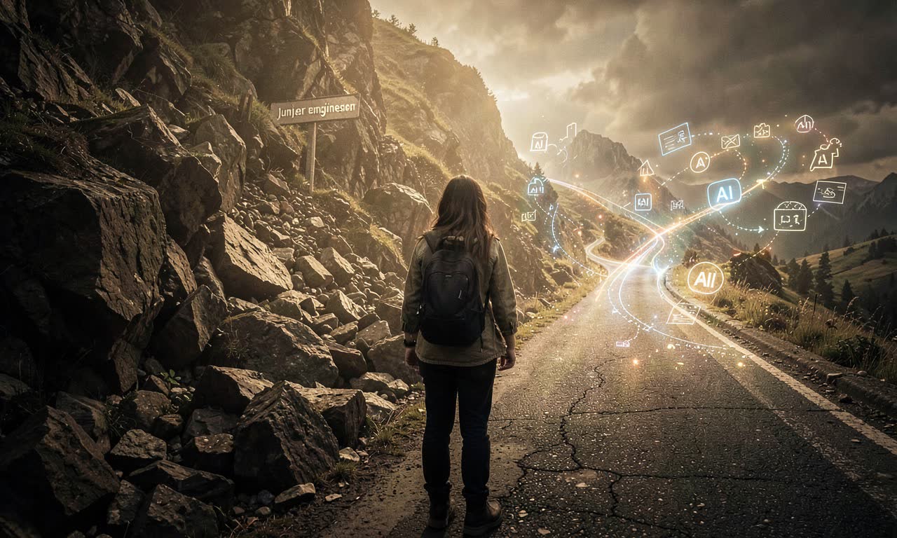 Person at career crossroads with two paths, AI symbols floating on one path