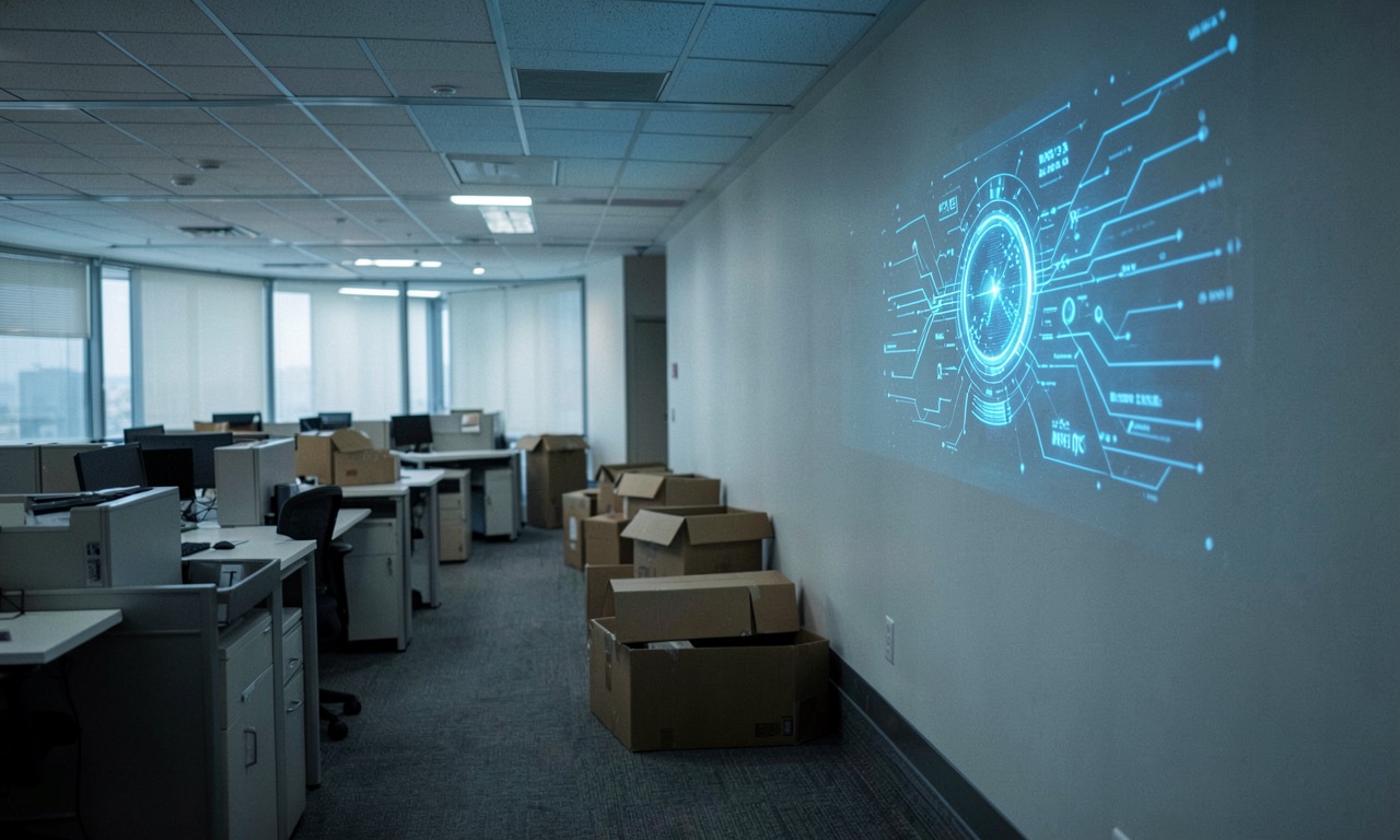 A corporate hallway with empty desks and boxes being packed up, one wall showing a glowing AI interface, documentary photography style