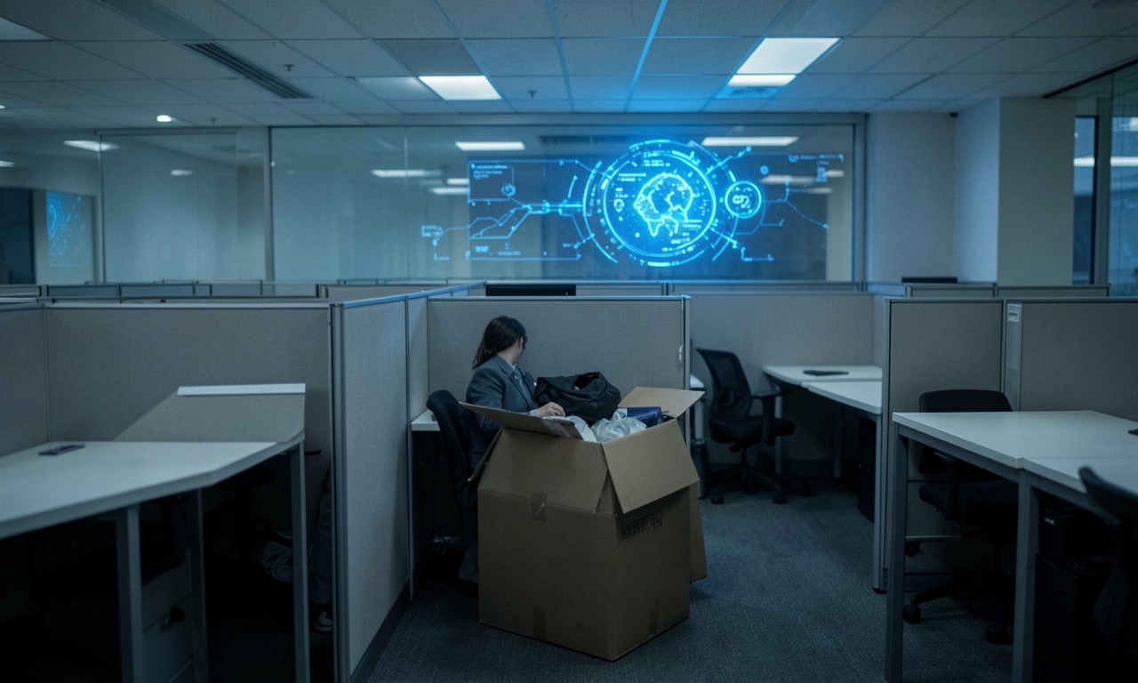 A person looking at a laptop showing a crossed-out job listing, with AI robot shadow looming, muted corporate office lighting